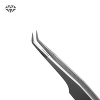 Diamond Series 45° eyelash extension tweezers with 5mm angled tip and micro-textured stainless steel finish for professional lash application