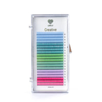 Pastel creative eyelash extensions 20-line tray by Lovely with 6 colors: fuchsia, lilac, turquoise, emerald, sea azure, and cornflower