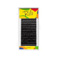 Eyelash extension tray with colorful packaging labeled 'Rilli' on a white background